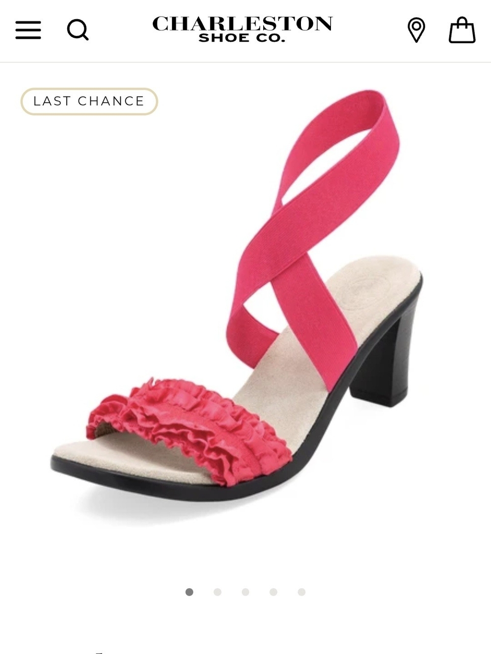 Charleston Shoe Co. Lynda Ruffle Strappy Mid-Heel Sandal Flamingo Pink - 6